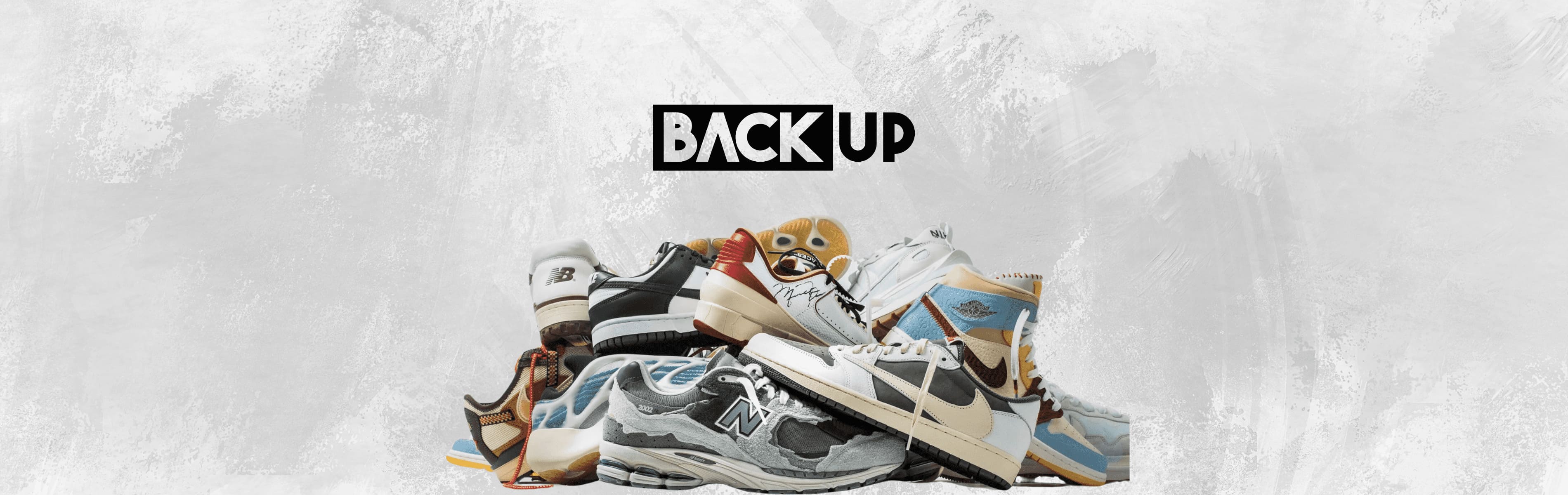 Image de la bannière du site E-Commerce de Backup, montrant plusieurs paires de sneakers limitées sur ordinateur